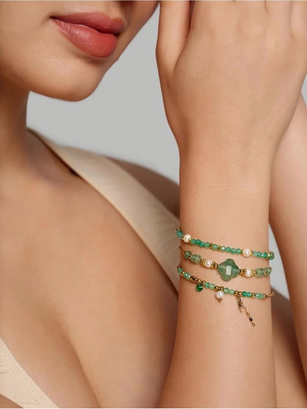 NEW 14k Gold  Green Beaded Bracelets 3PCS Aquamarine Gemstone
